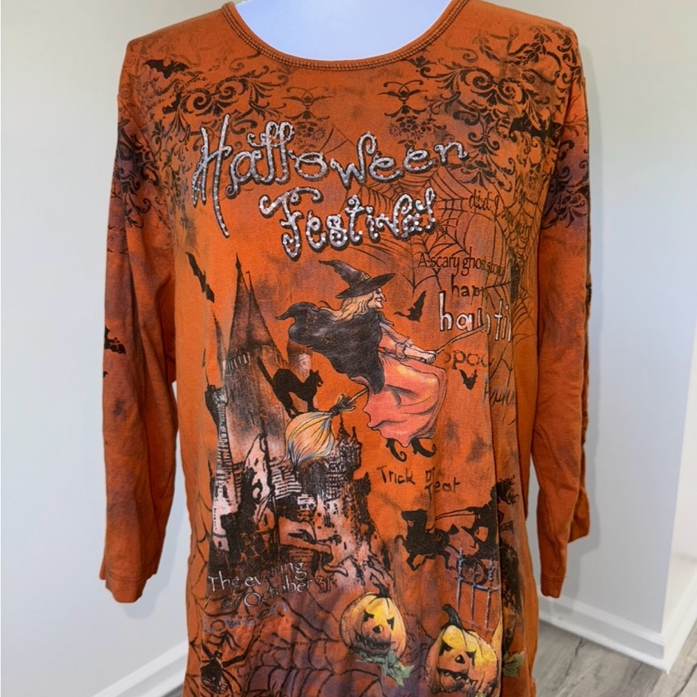 VTG Studio Gem Q Halloween Shirt XXL Witch Pumpkin All Over Print 3/4 Sleeve Tee